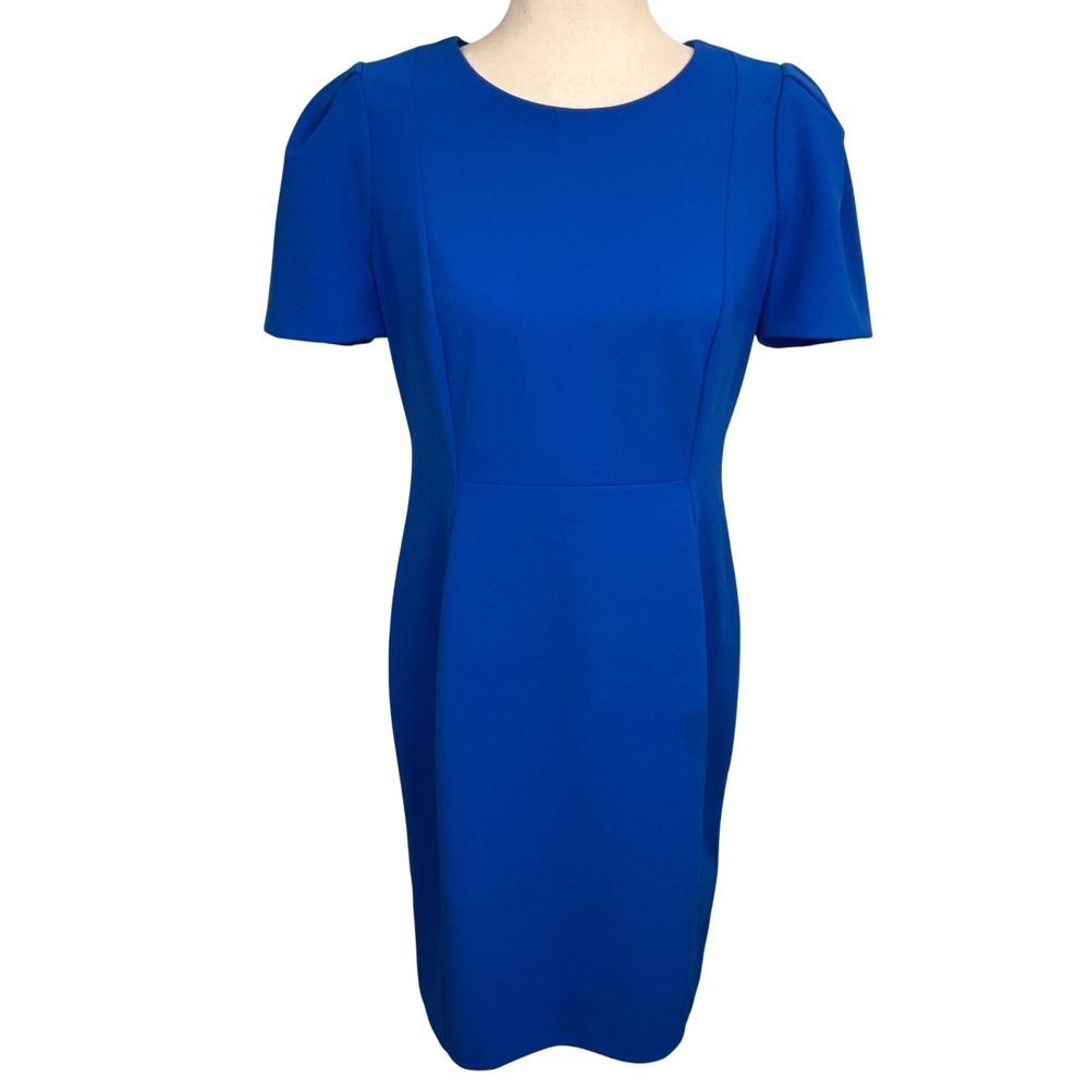 Calvin Klein Sheath Dress Womens 12P Blue Good Puff Sleeve Gold Zip Flaw